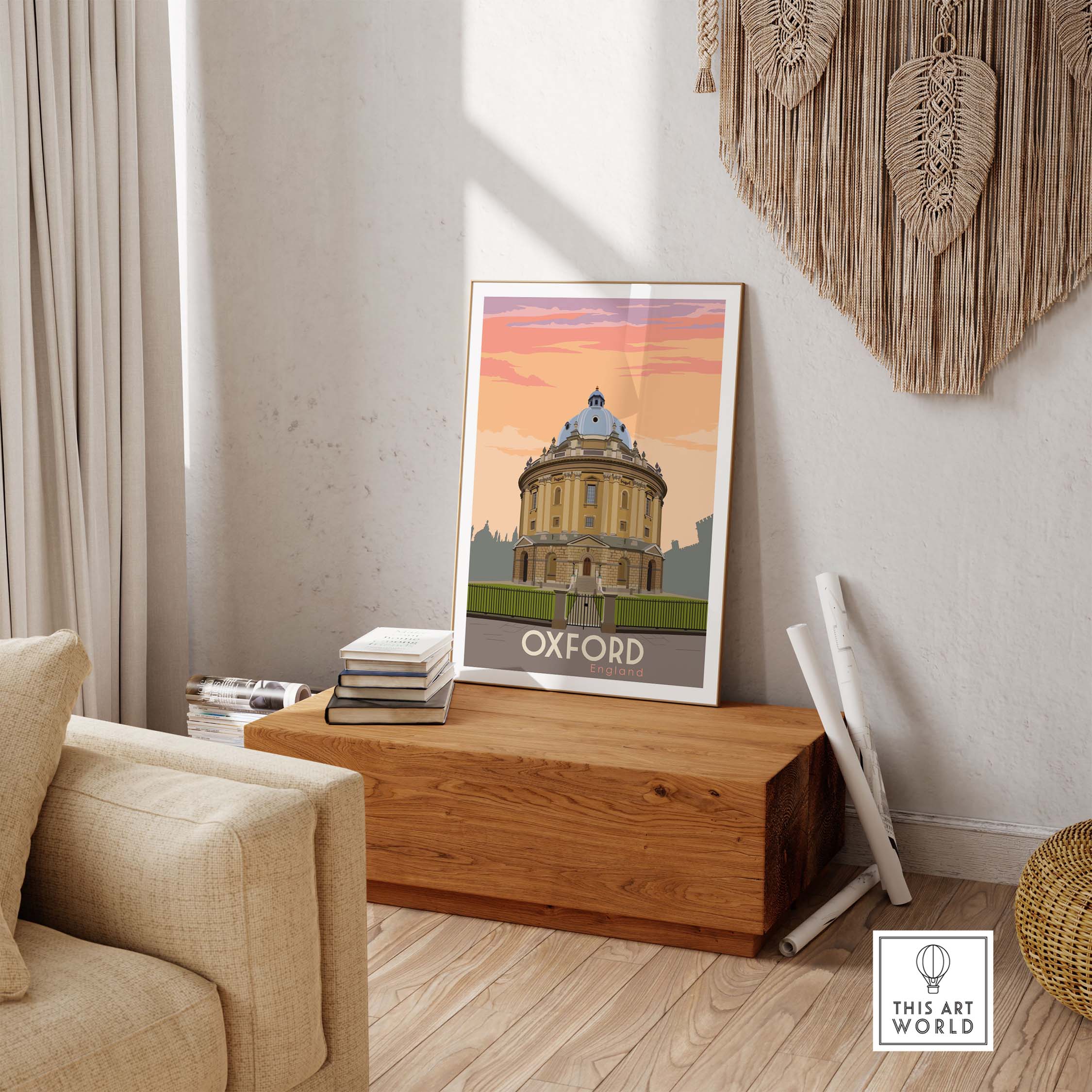 Oxford print poster wall art showcasing a vintage design featuring the iconic Oxford architecture in a stylish setting.