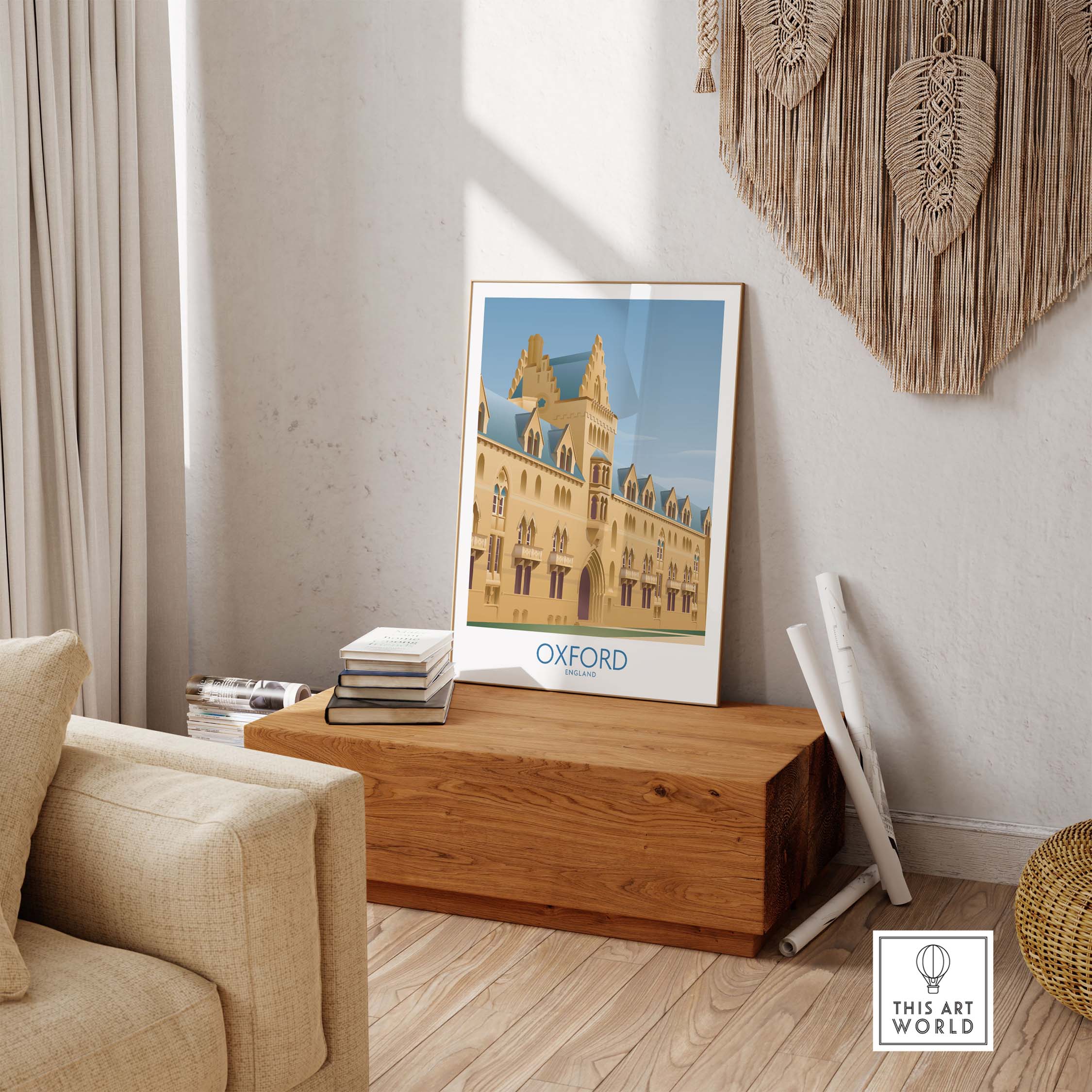 Oxford Wall Art Print displayed in a stylish home interior, capturing vintage travel aesthetics and wanderlust.