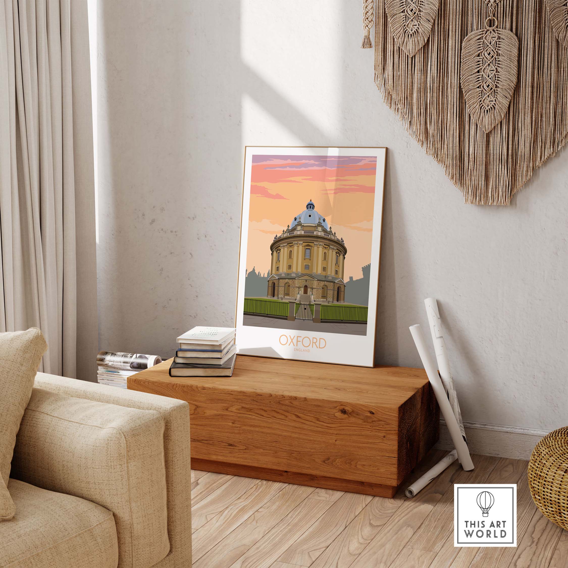 Stylish Oxford travel poster displayed in a modern living room, showcasing vintage-inspired artwork for home decor.