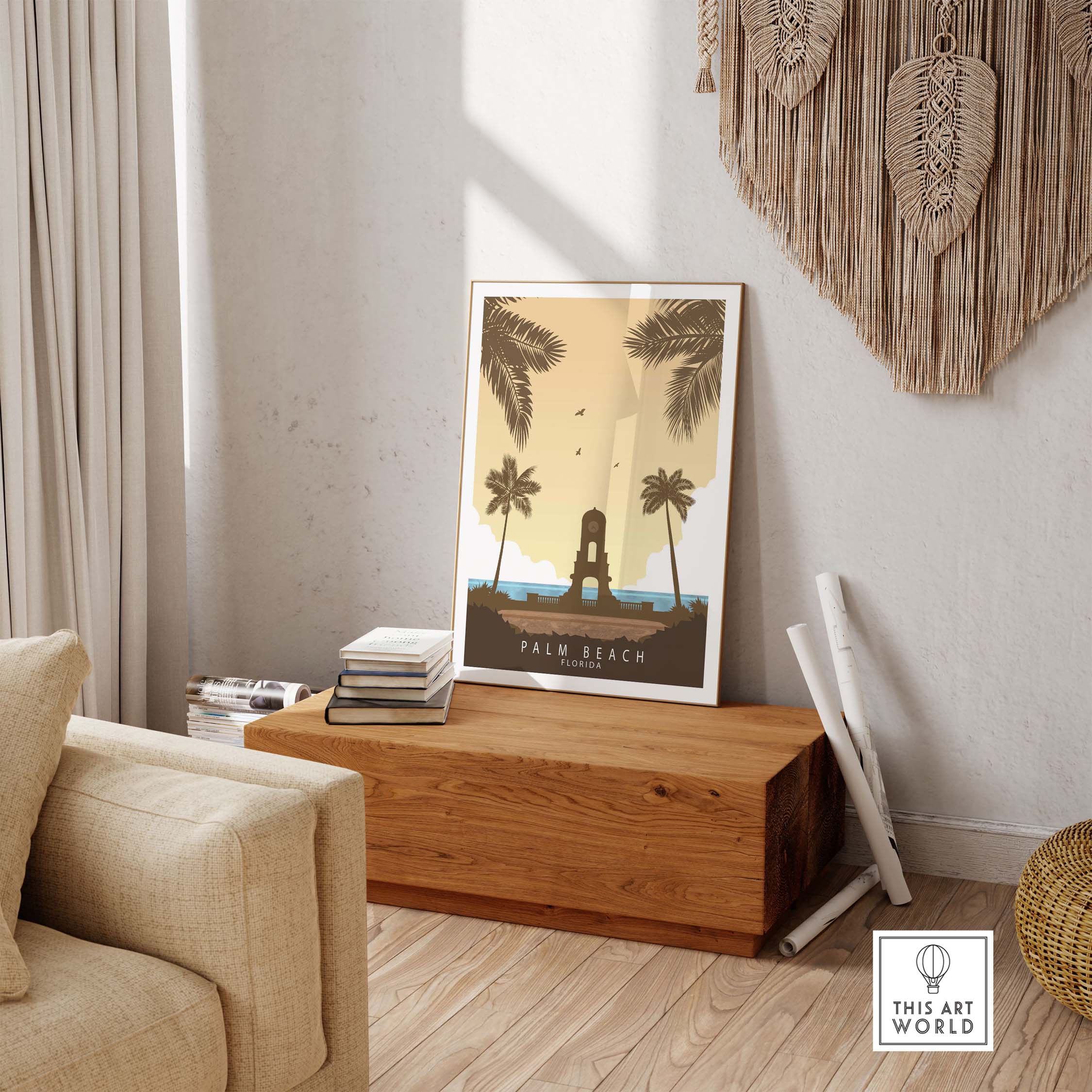Palm Beach Florida print displayed in a stylish interior, evoking vintage travel nostalgia and wanderlust.
