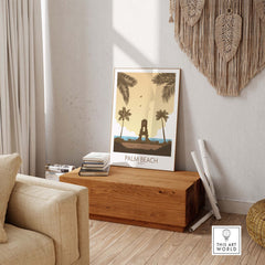 Palm Beach Wall Art featuring vintage-inspired travel poster with palm trees and ocean view, perfect for home decor.