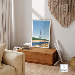 Paris Wall Art Poster featuring the Eiffel Tower in a stylish living room setting, perfect for home decor inspiration.