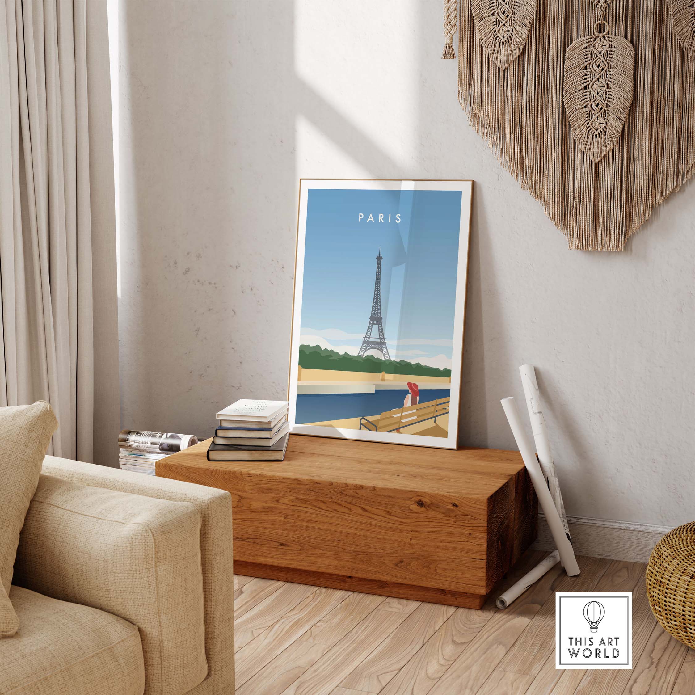 Paris Wall Art Poster featuring the Eiffel Tower in a stylish living room setting, perfect for home decor inspiration.