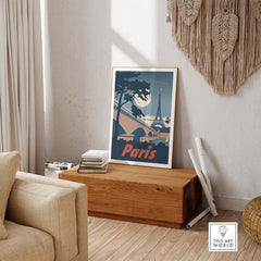 Paris wall art print featuring a moonlit scene with the Eiffel Tower in a stylish interior setting.