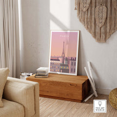 Paris Print Wall Art Poster featuring the Eiffel Tower in a stylish room with natural light and wooden accents.