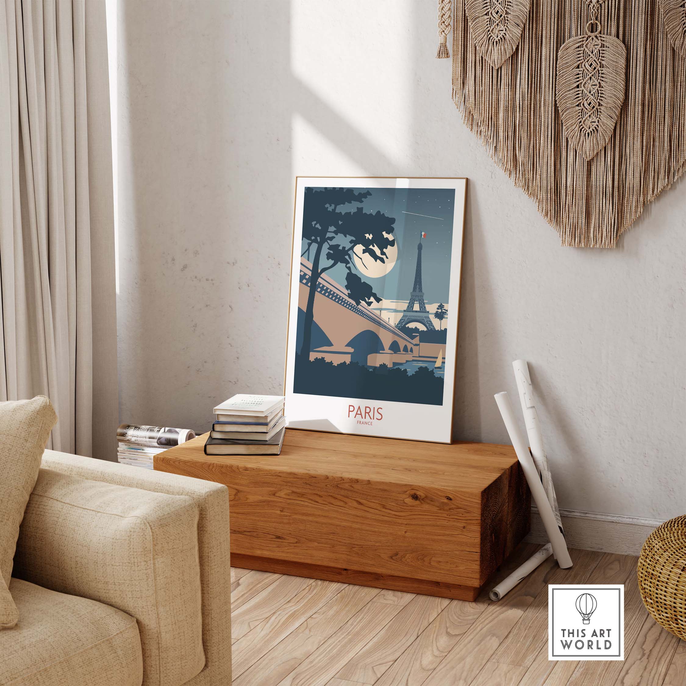 Moonlit Paris France travel poster displayed on a wooden table, adding vintage charm to home decor.