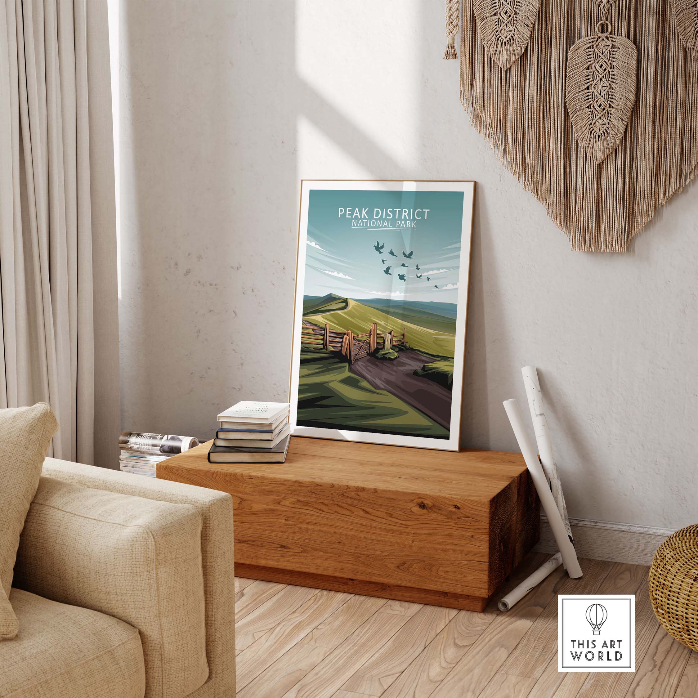 Peak District National Park poster in minimalist style displayed in a cozy living room setting.