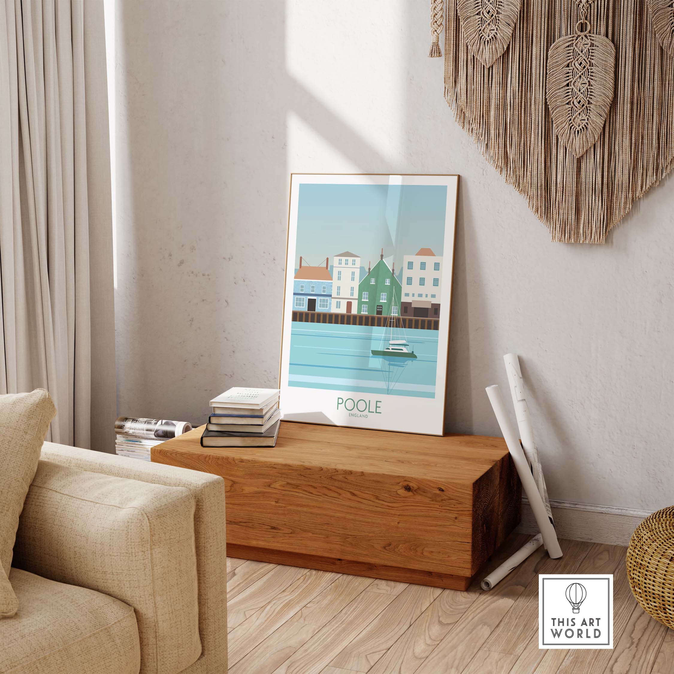 Poole Dorset travel poster print displayed in a stylish interior, showcasing vibrant colors and nostalgic design.