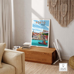 Porto Poster Portugal showcasing vintage travel art in a stylish home setting, perfect for wanderlust decor.