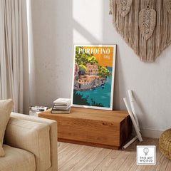 Portofino print poster wall art displayed in a stylish interior, showcasing vibrant colors and vintage travel nostalgia.