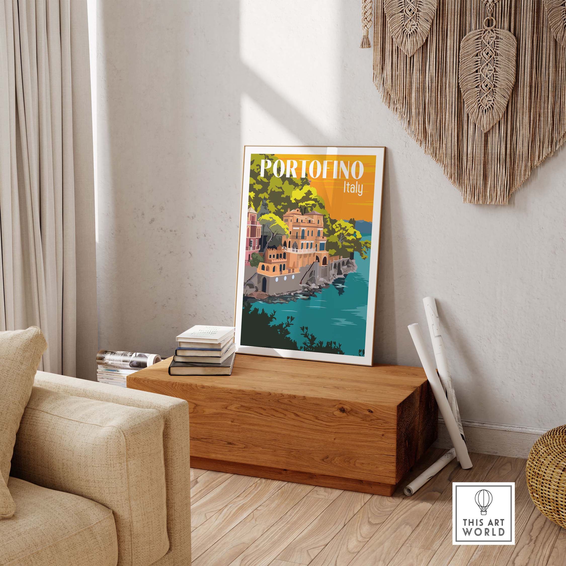 Portofino print poster wall art displayed in a stylish interior, showcasing vibrant colors and vintage travel nostalgia.
