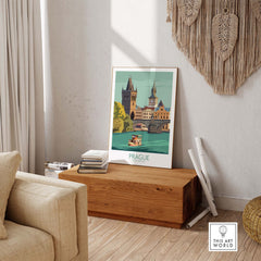 Prague Poster Travel Print showcasing a vintage-inspired view of the city, displayed in a cozy living room setting.