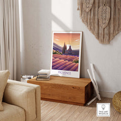 Provence France travel print poster displayed in a stylish home interior with warm tones.