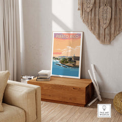 Vintage Puerto Rico wall art print of San Juan, showcasing coastal scenery and vibrant colors in a stylish home setting.
