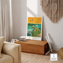 Vintage Rio de Janeiro poster displayed in a stylish living room, showcasing minimalist art design.