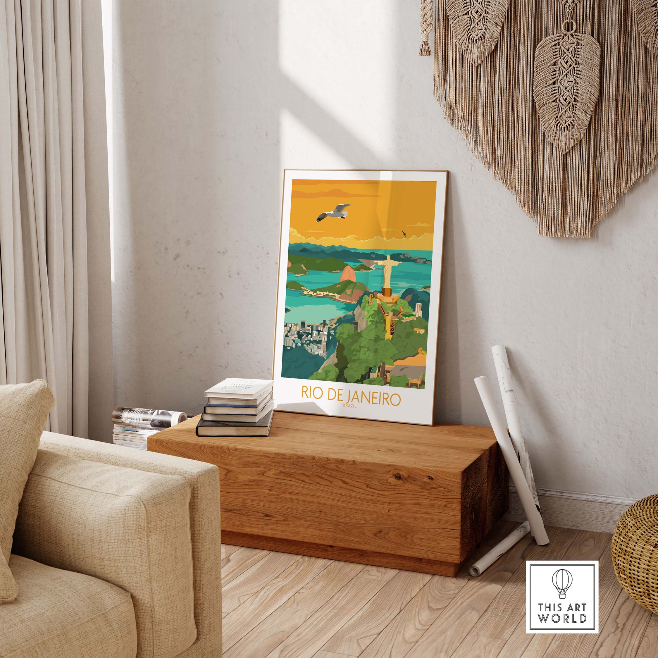 Vintage Rio de Janeiro poster displayed in a stylish living room, showcasing minimalist art design.