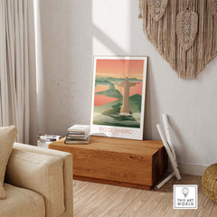 Vintage Rio de Janeiro wall art print with iconic landscape and Christ the Redeemer statue in a stylish home setting.