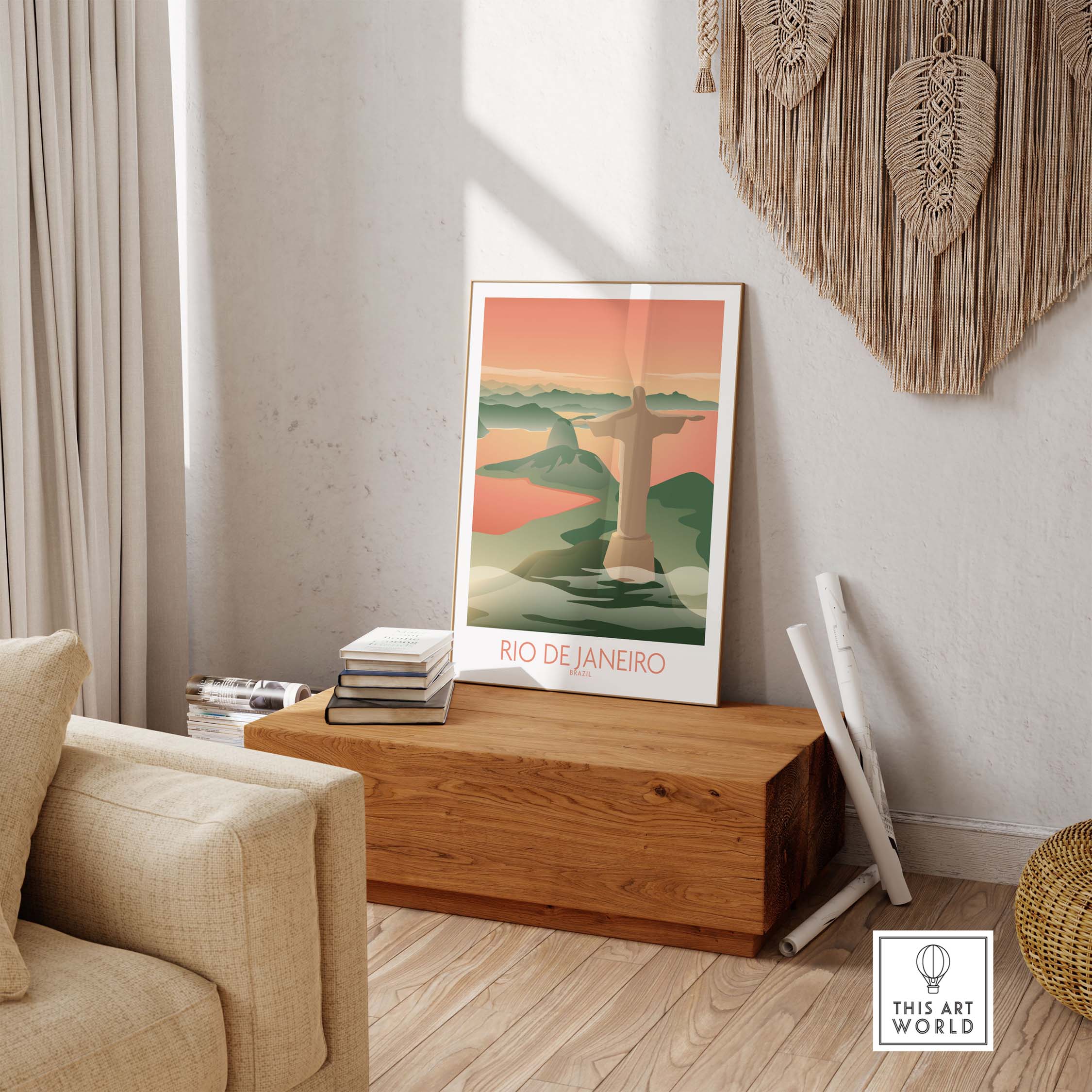 Vintage Rio de Janeiro wall art print with iconic landscape and Christ the Redeemer statue in a stylish home setting.