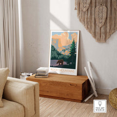 Rocky Mountains Canada poster featuring a bear and scenic landscape, perfect for outdoor wall art decor.