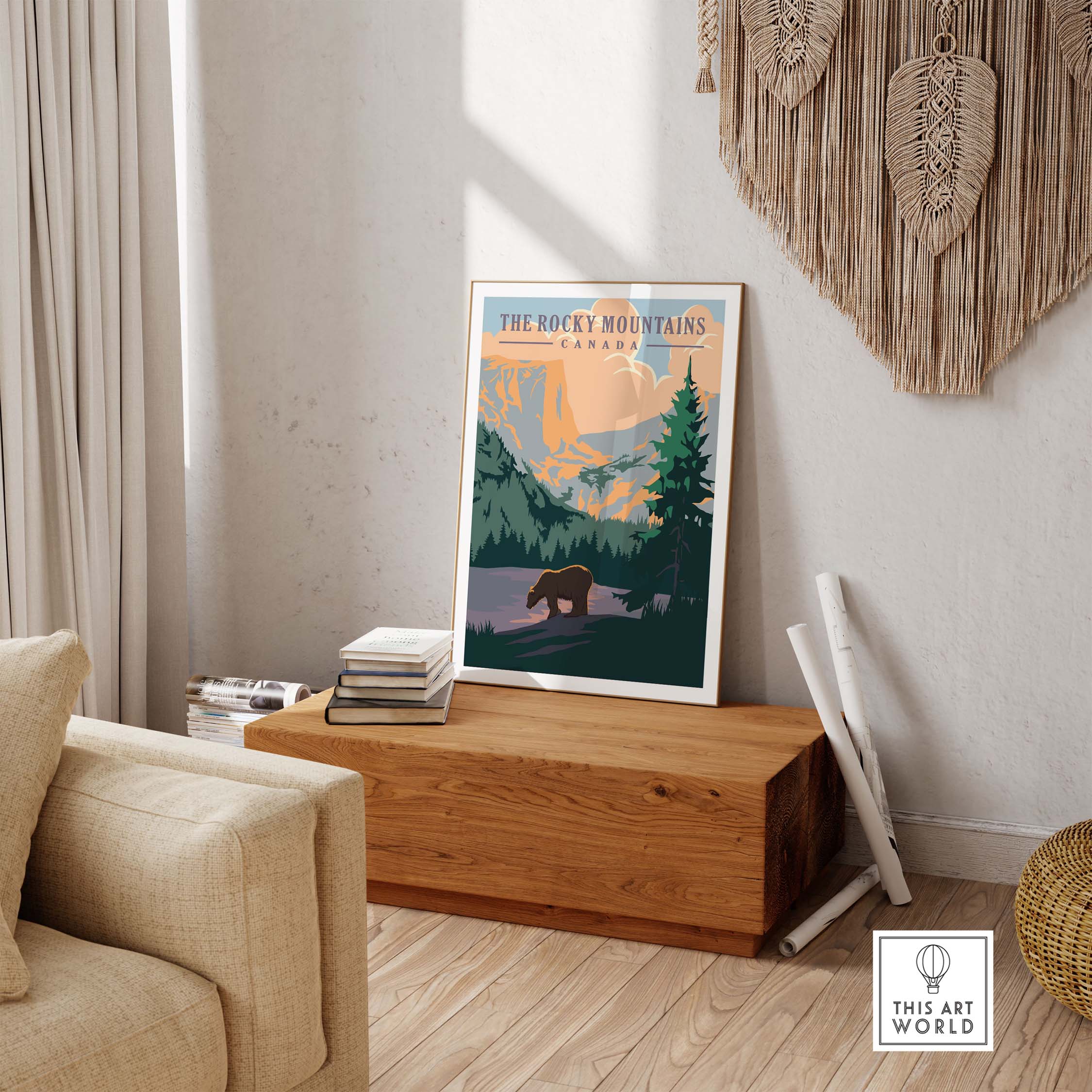 Rocky Mountains Canada vintage travel poster art print displayed in a stylish indoor setting, showcasing nature and wanderlust.