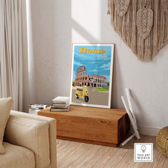 Rome Print Poster Wall Art featuring the Colosseum and a vintage scooter in a stylish home setting.