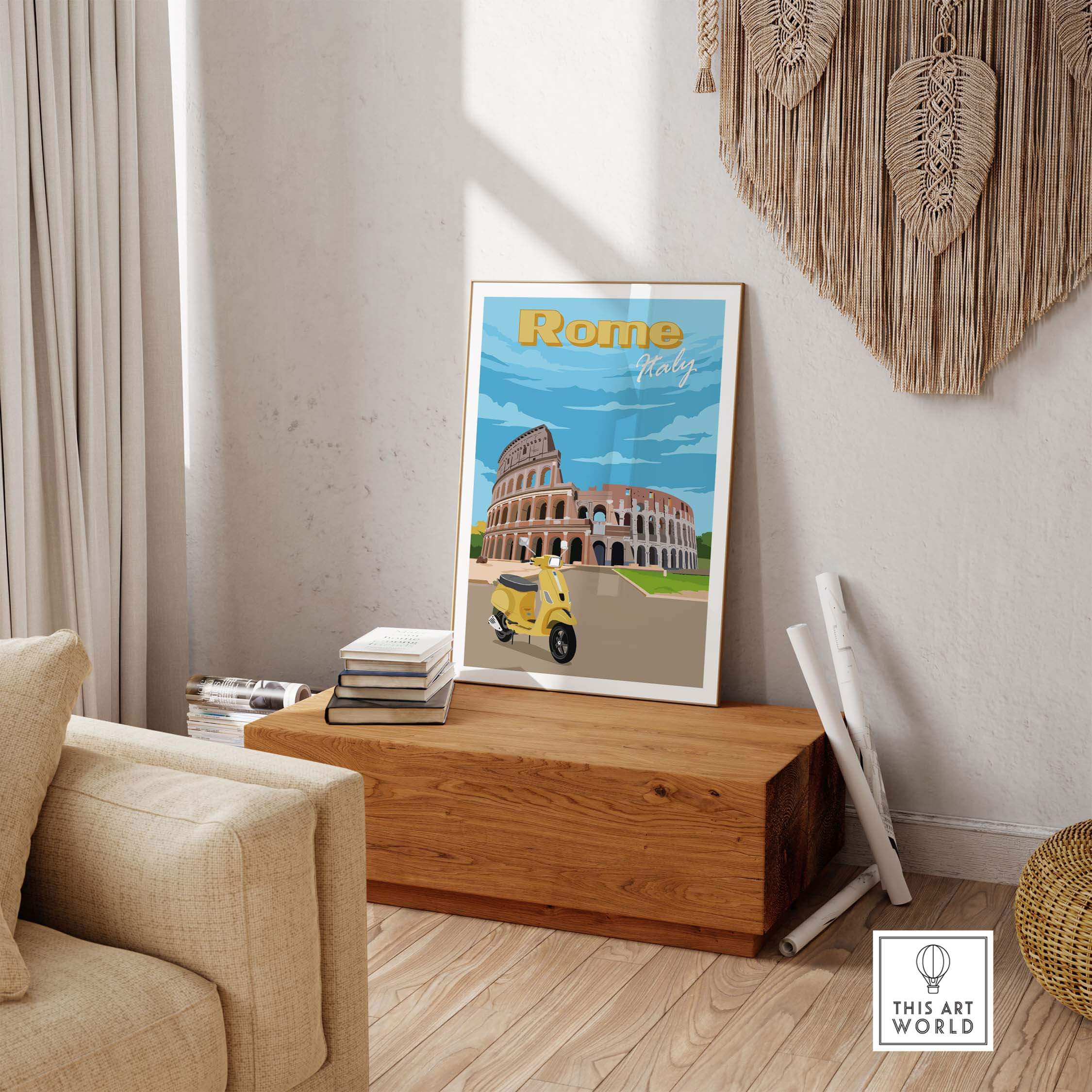 Rome Print Poster Wall Art featuring the Colosseum and a vintage scooter in a stylish home setting.