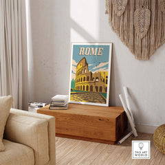 Vintage-inspired Rome poster wall art print displayed in a stylish interior setting.