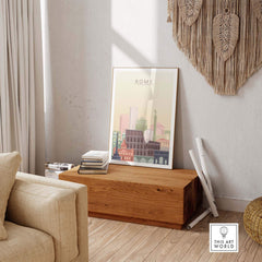 Rome city skyline wall art print displayed in a stylish interior, featuring warm pastel tones and iconic architecture.