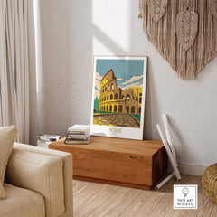 Vintage style Rome poster featuring the Colosseum, displayed in a cozy living room setting. Perfect travel art for enthusiasts.