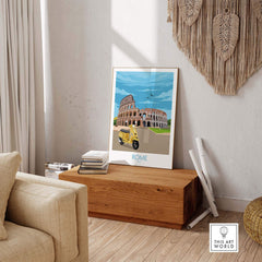 Rome travel poster print featuring the Colosseum and a vintage car, elegantly displayed in a stylish home interior.