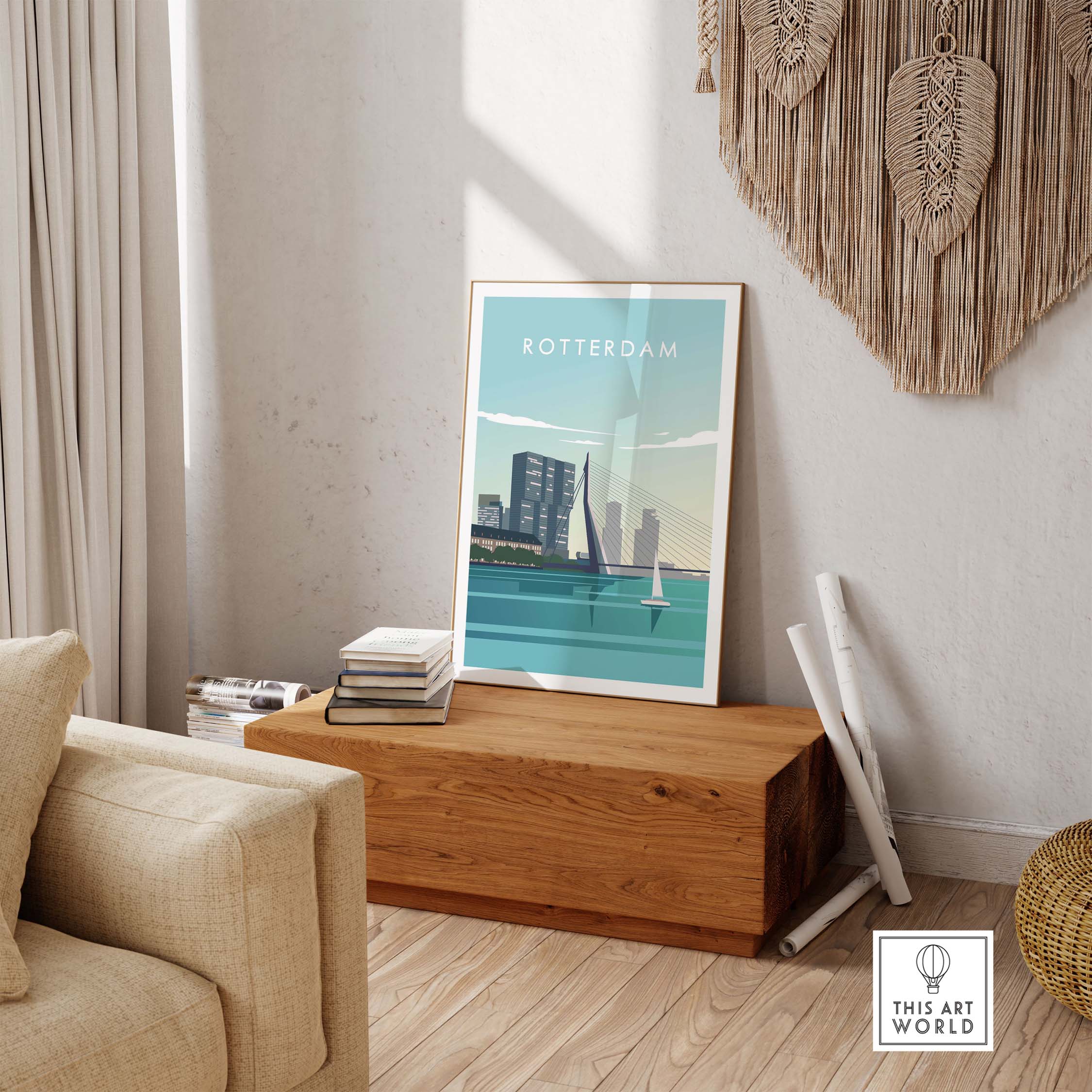 Rotterdam wall art poster displayed in a stylish home setting, perfect for travel enthusiasts and art lovers.