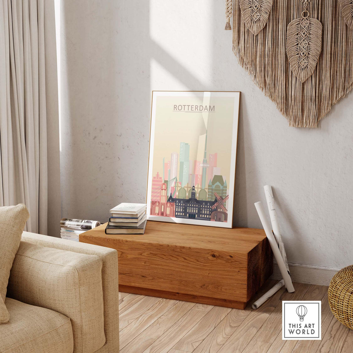 Rotterdam skyline print in warm pastel tones displayed in a stylish living room setting.
