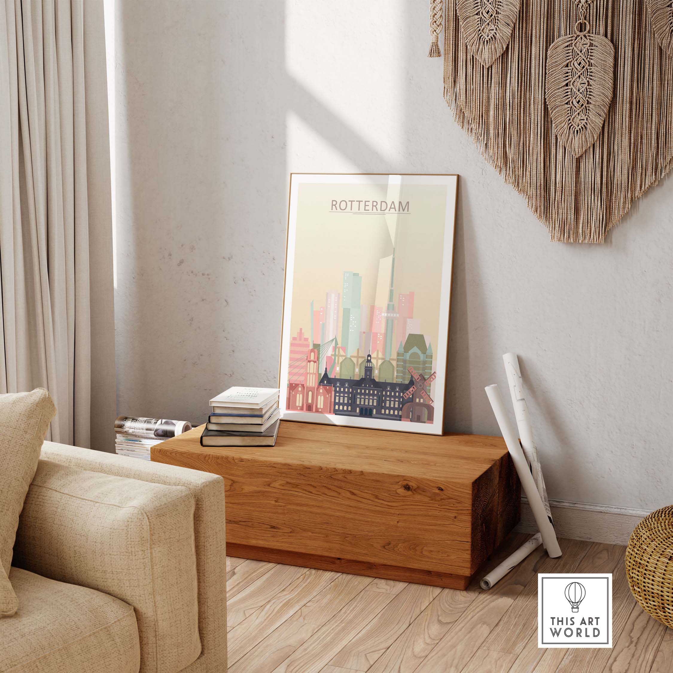 Rotterdam skyline print in warm pastel tones displayed in a stylish living room setting.