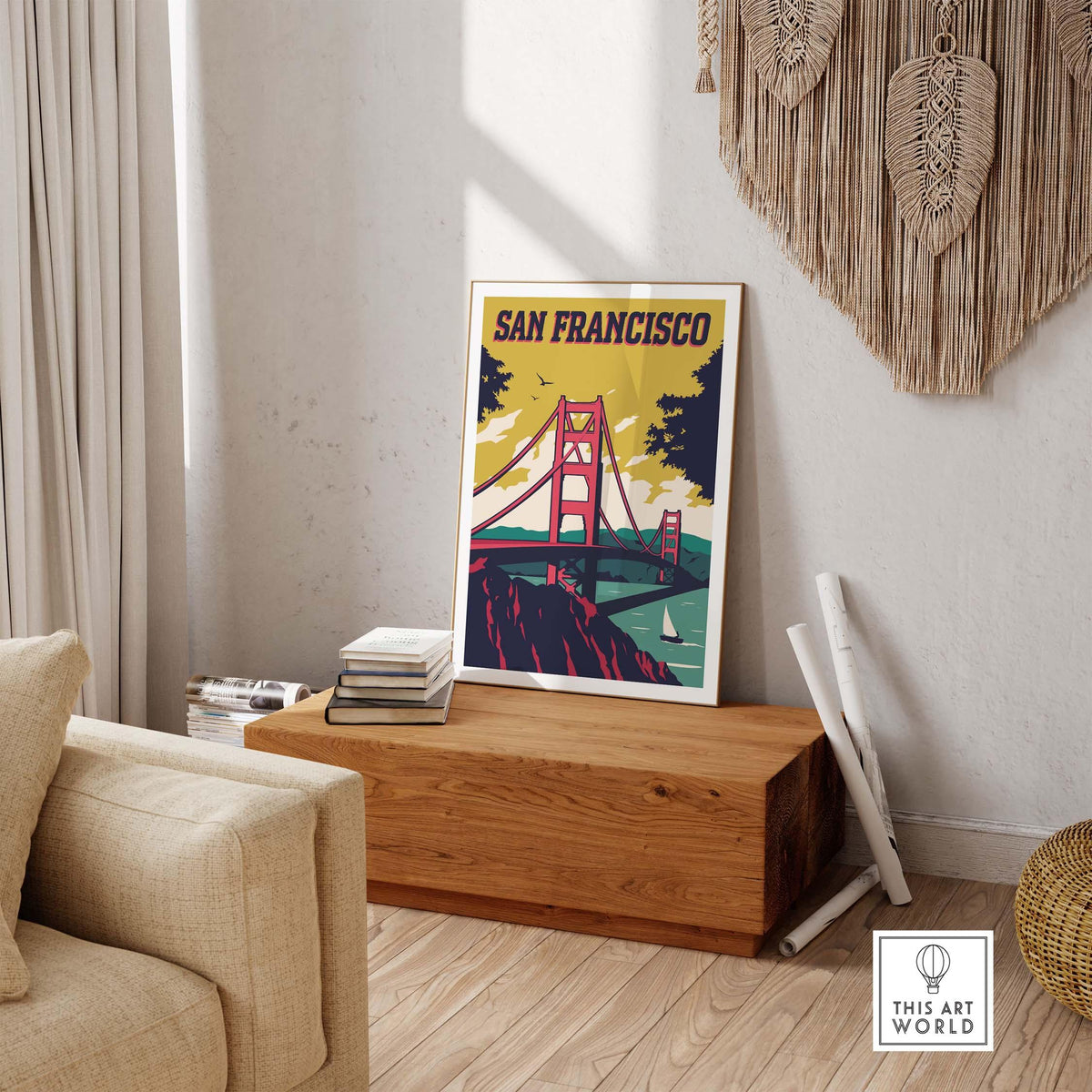 San Francisco Poster Wall Art Print featuring the Golden Gate Bridge in a vintage style, perfect for home or office decor.