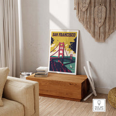 San Francisco Poster Wall Art Print featuring the Golden Gate Bridge in a vintage style, perfect for home or office decor.