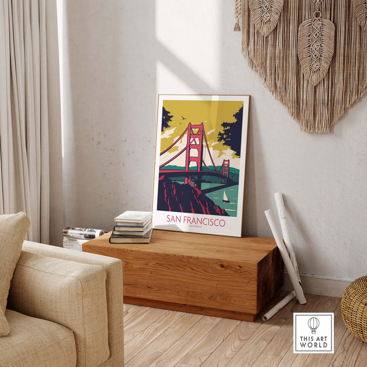 San Francisco Poster Print featuring the iconic Golden Gate Bridge in a vintage art style for home decor.