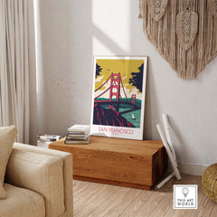 San Francisco Poster Print featuring the iconic Golden Gate Bridge in a vintage art style for home decor.