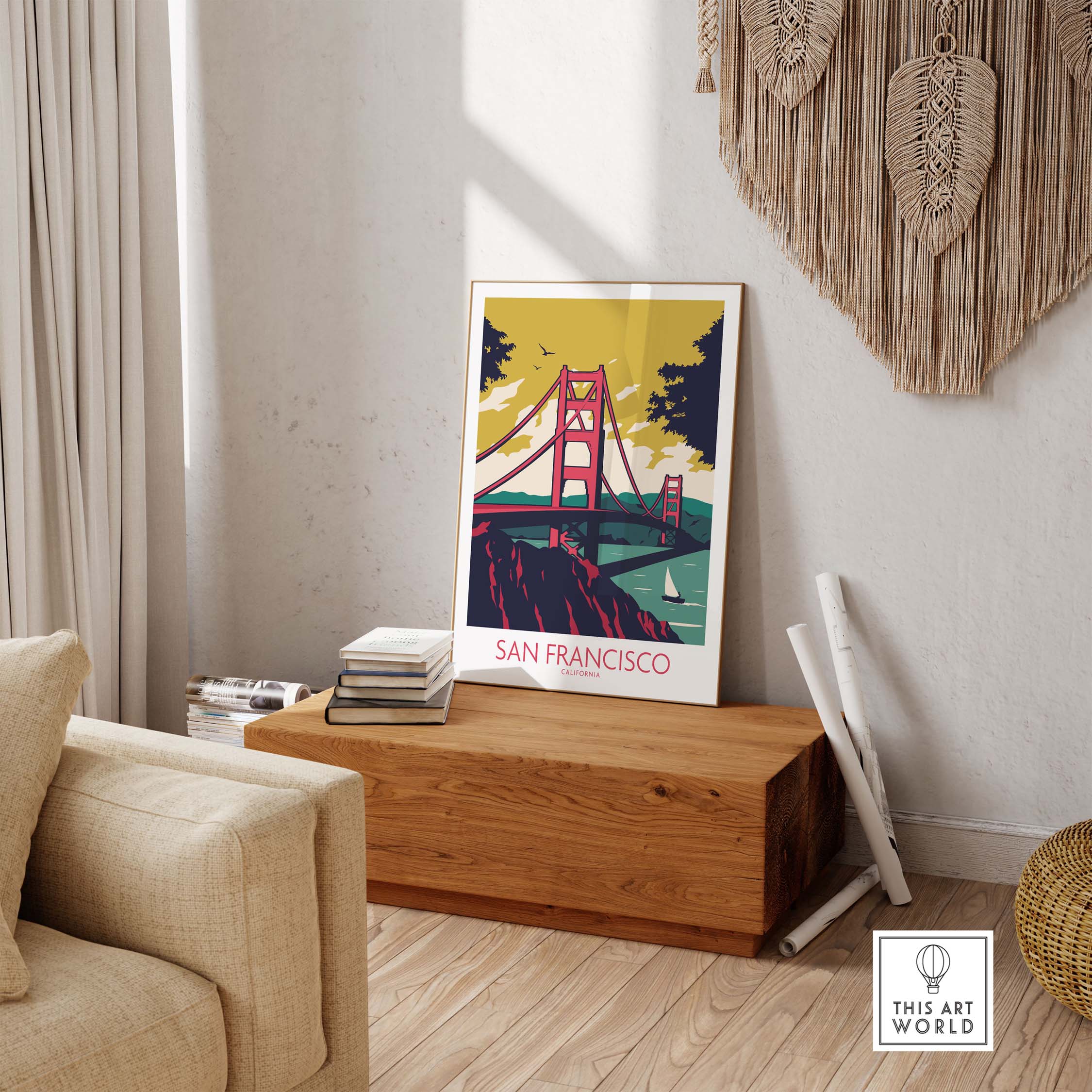 San Francisco Poster Print featuring the iconic Golden Gate Bridge in a vintage art style for home decor.