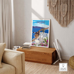 Santorini Poster Print Wall Art featuring blue domed buildings and coastal scenery, perfect for home decor and travel enthusiasts.