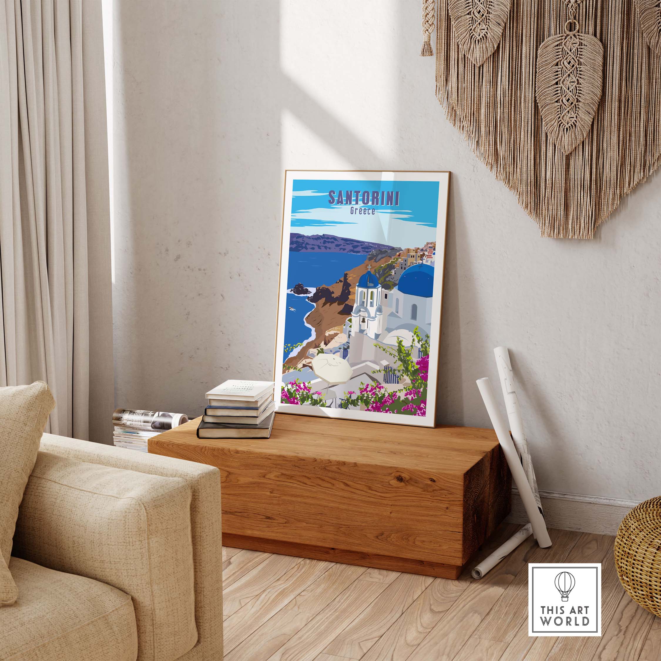 Santorini Poster Print Wall Art featuring blue domed buildings and coastal scenery, perfect for home decor and travel enthusiasts.