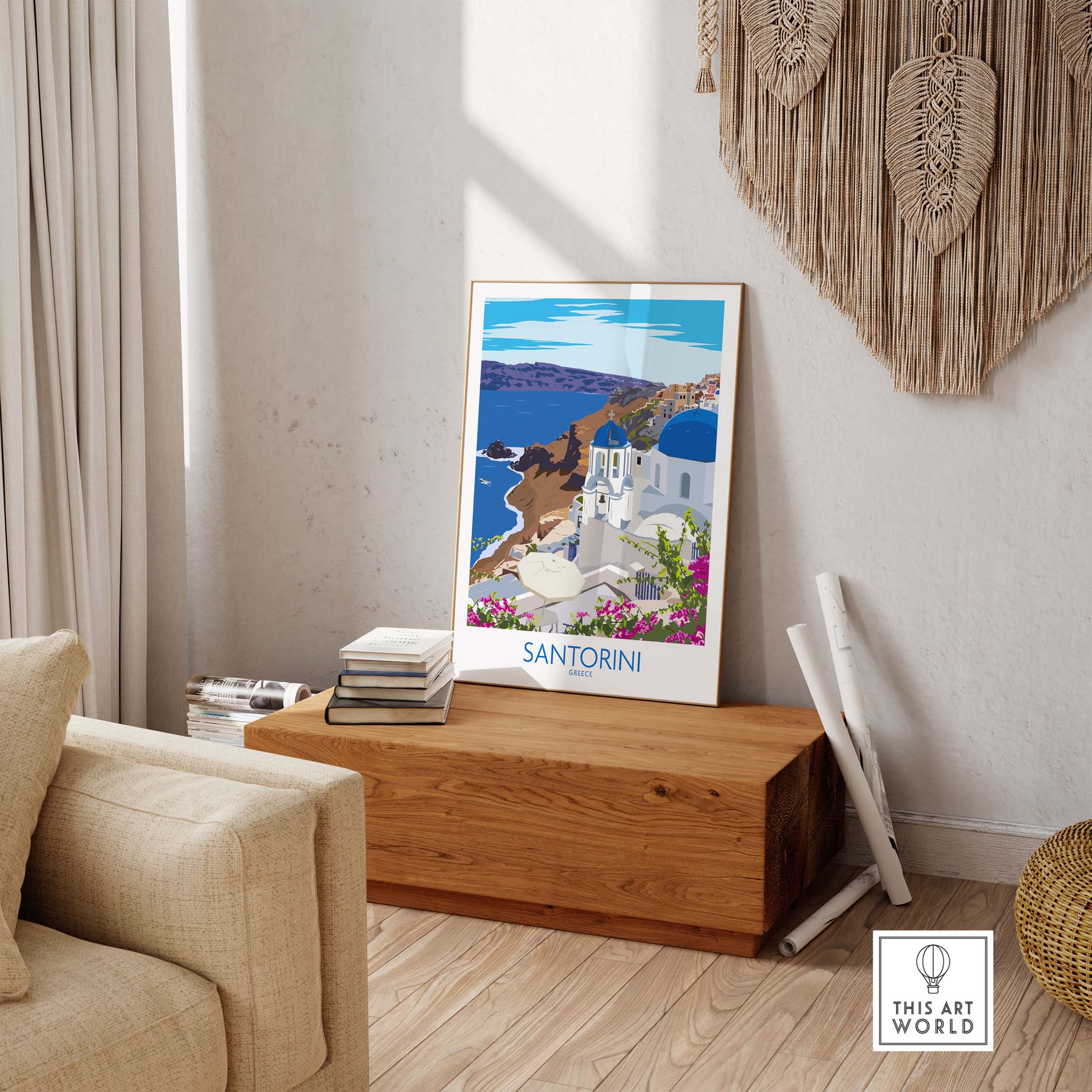 Santorini travel poster art print showcasing blue domes and coastal scenery in a stylish interior setting.