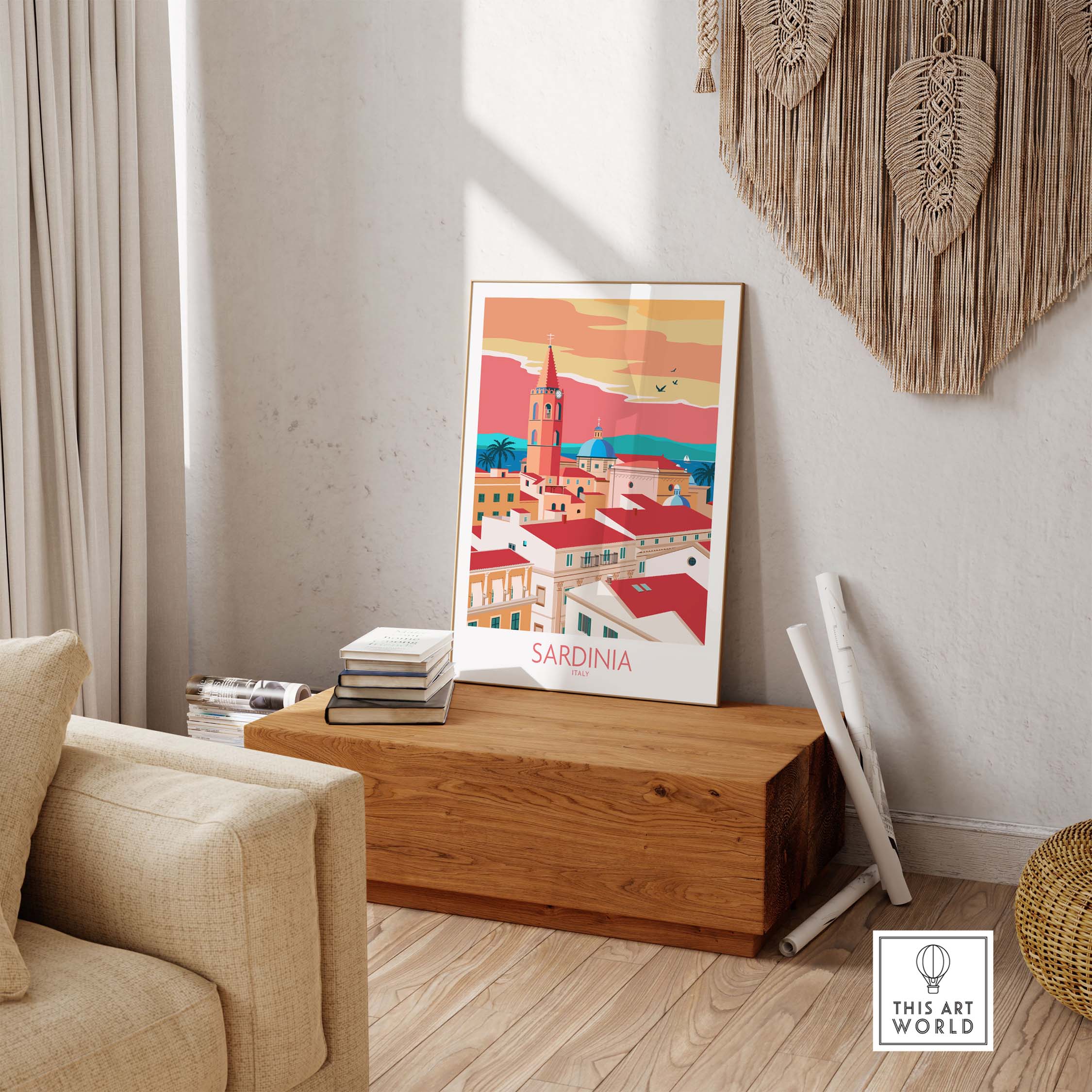 Sardinia Print Italy Travel Poster displayed in a stylish room, showcasing vintage travel art.