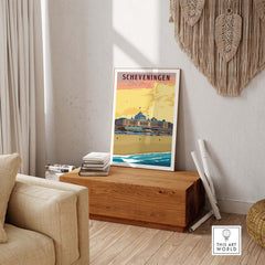 Scheveningen poster depicting vintage travel art of Den Haag, Netherlands, displayed in a stylish home interior.
