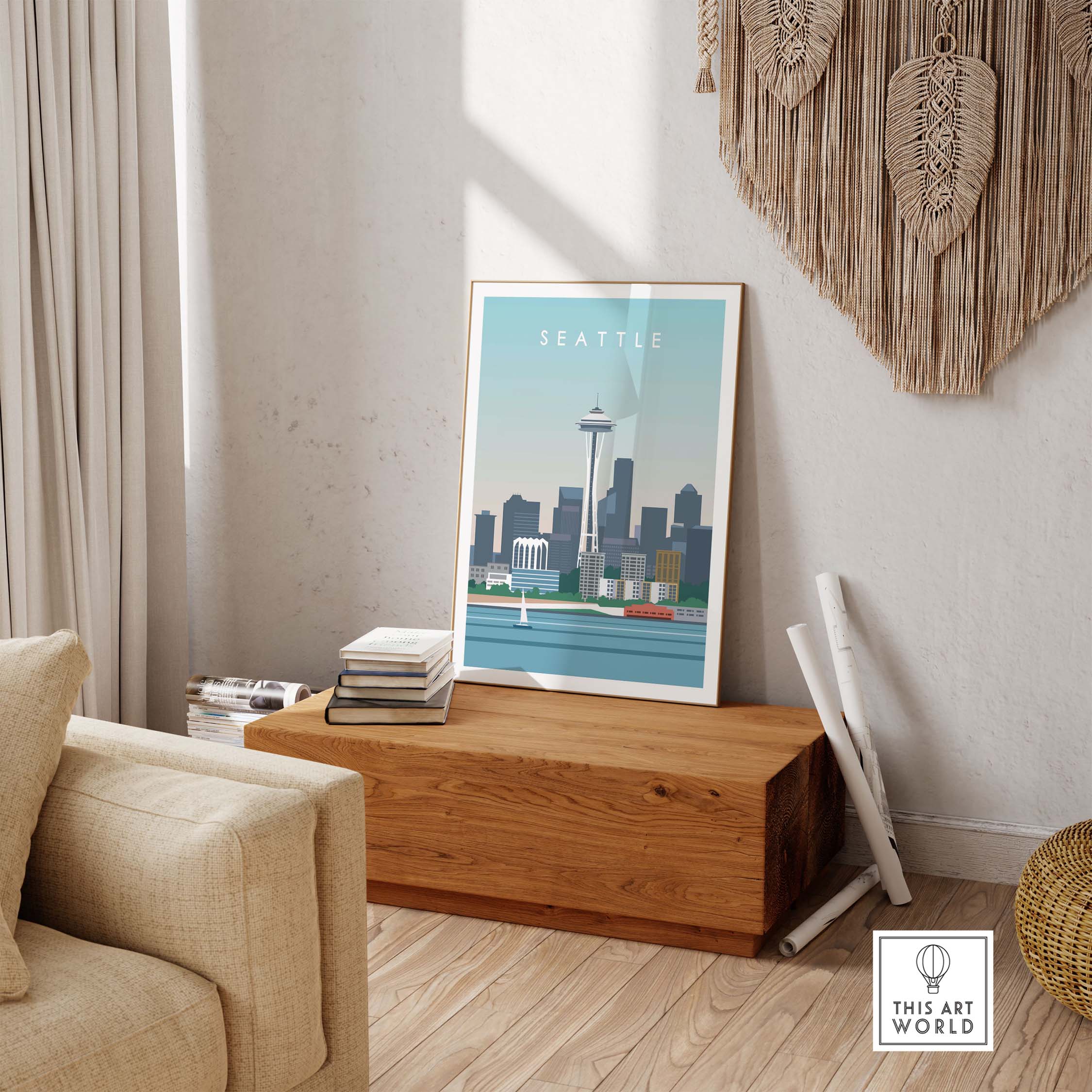 Seattle Print Wall Art Poster displayed in a stylish living room setting, showcasing vintage-inspired travel art.