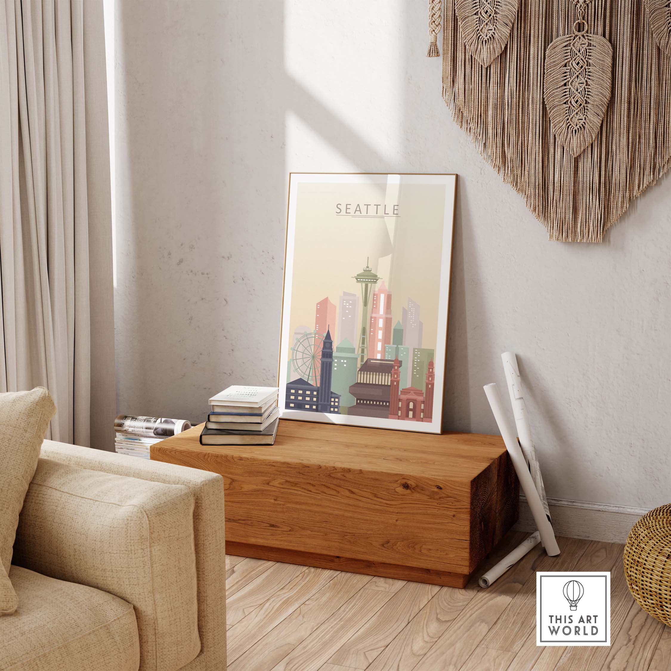 Seattle city skyline print in warm pastel tones framed on a wooden table in a cozy room.