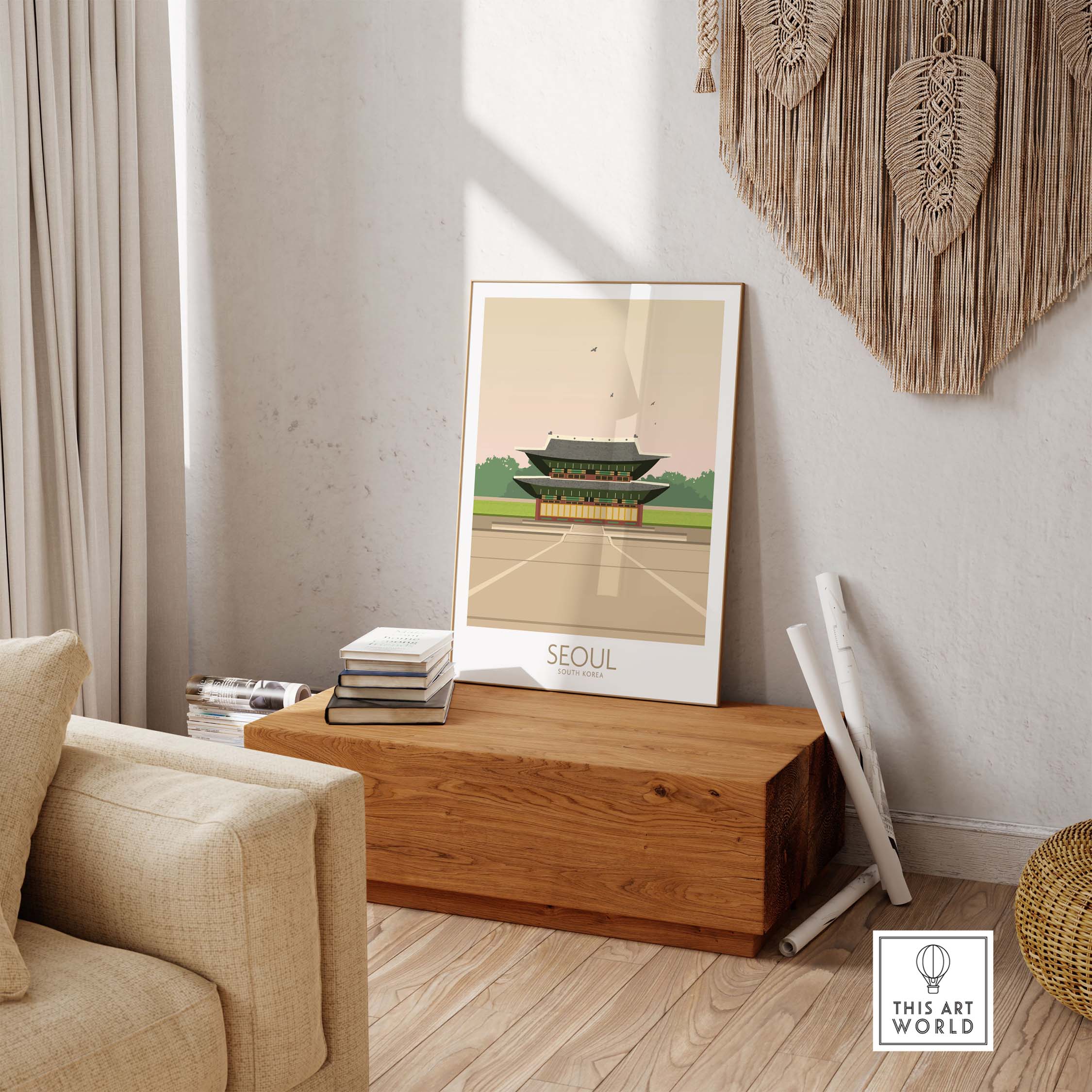 Stylish Seoul Print travel poster displayed in a cozy living room setting, perfect for travel enthusiasts.