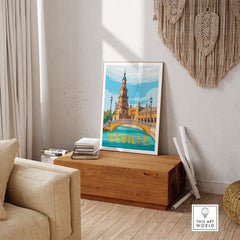 Seville Print Poster Wall Art displayed in a modern living room, highlighting vintage travel inspiration.
