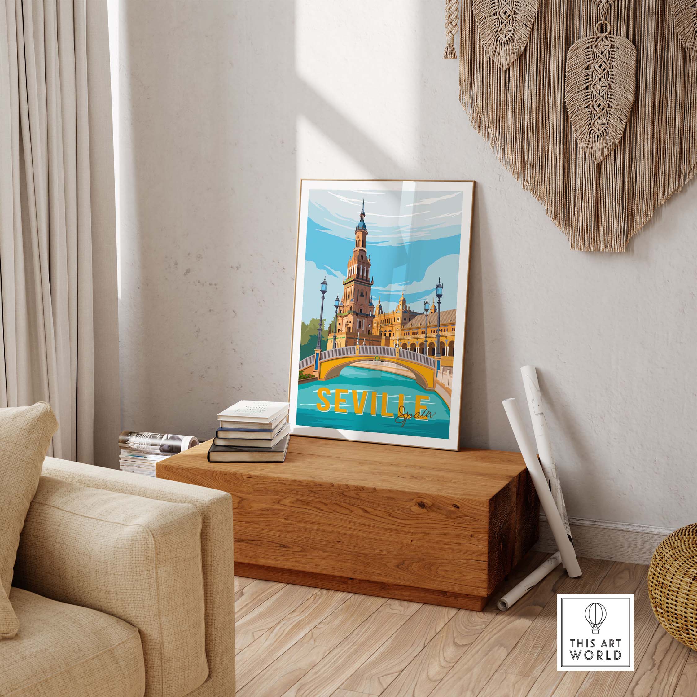 Seville Print Poster Wall Art displayed in a modern living room, highlighting vintage travel inspiration.
