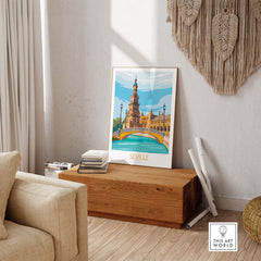 Seville travel poster print displayed in a stylish home interior, capturing the essence of Spain.