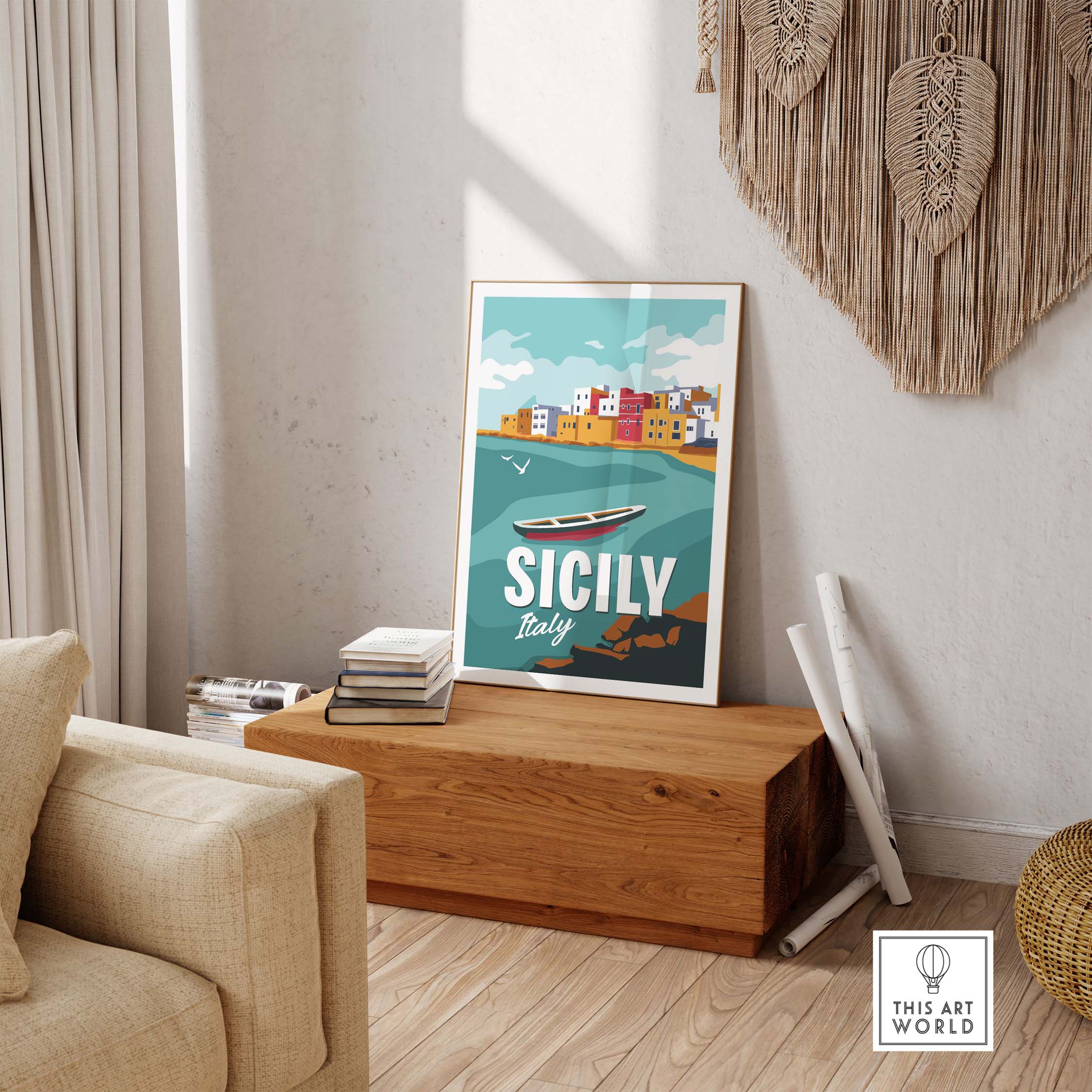 Sicily wall art print in a cozy living room setting, showcasing vintage-inspired travel design.